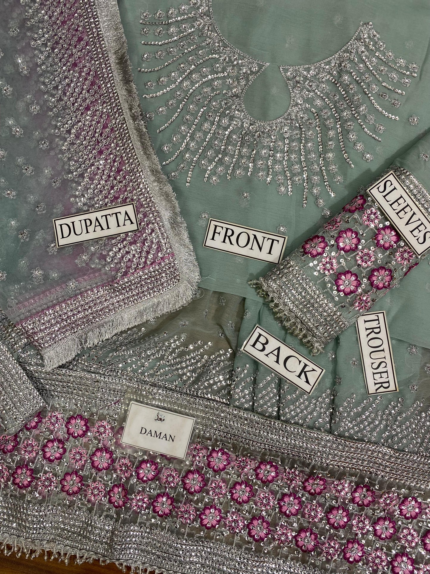 "Pink Aqua Chiffon Maxi with Net Dupatta & Silk Trouser – Embroidered Zari Work, Sequins, and Stones"