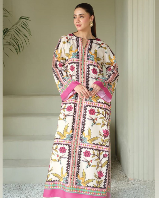 Digital Printed Charmeuse Silk Shirt & Trouser Set with Silk Dupatta – Luxury Loungewear & Party Wear