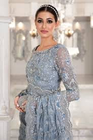 Maria B. Couture Ice Blue MC-049 Chikankari Saree – Pearl, Sequins & Cutwork on Soft Net | Bridal Party Wear