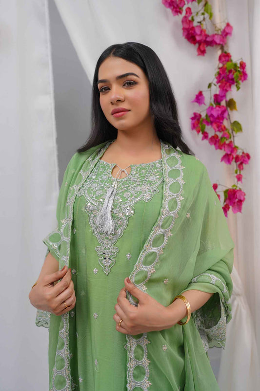 Premium Semi-Pure Chiffon Embroidered Dress – Handcrafted Handwork – Ready-to-Wear Wedding & Parties (Sizes S/M/L)