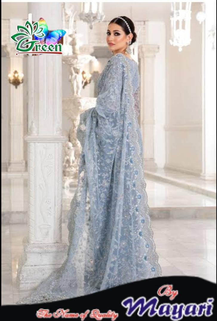 Maria B. Couture Ice Blue MC-049 Chikankari Saree – Pearl, Sequins & Cutwork on Soft Net | Bridal Party Wear
