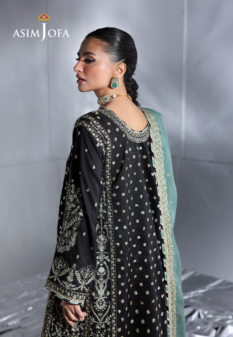 ASIM JOFA EMBROIDERED CHIFFON UNSTITCHED 3 PCS BLACK AND AQUA