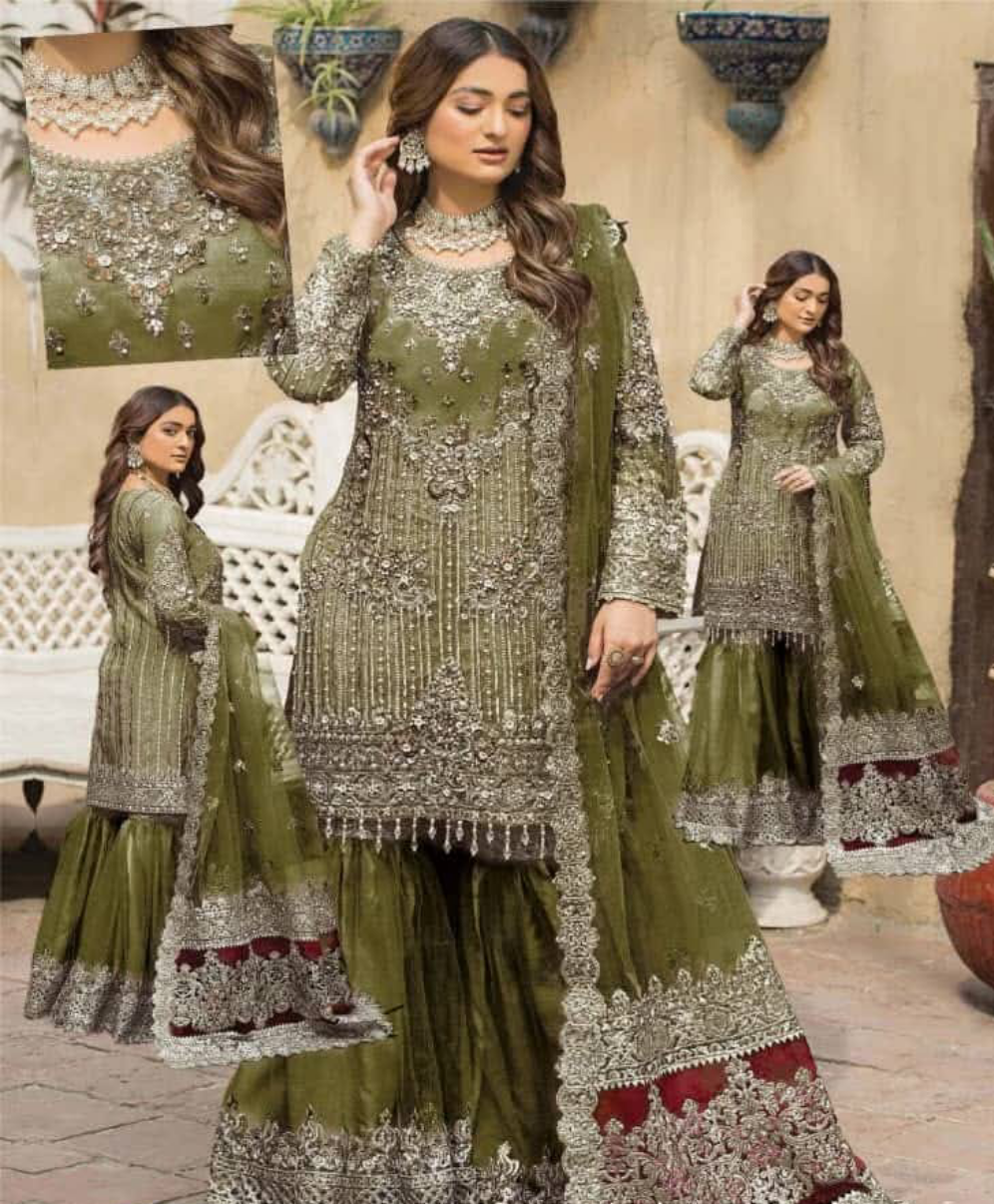IMROZIA GREEN LUXURY FORMALS NET EMBROIDERED GHARARA DRESS