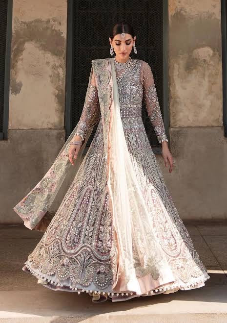 Elaf Veer by Shehr Banu – Embroidered Net Maxi Dress with Heavy Handwork | 12-Panel Flared Wedding Dress | Tea Pink & Aqua Green Dupatta