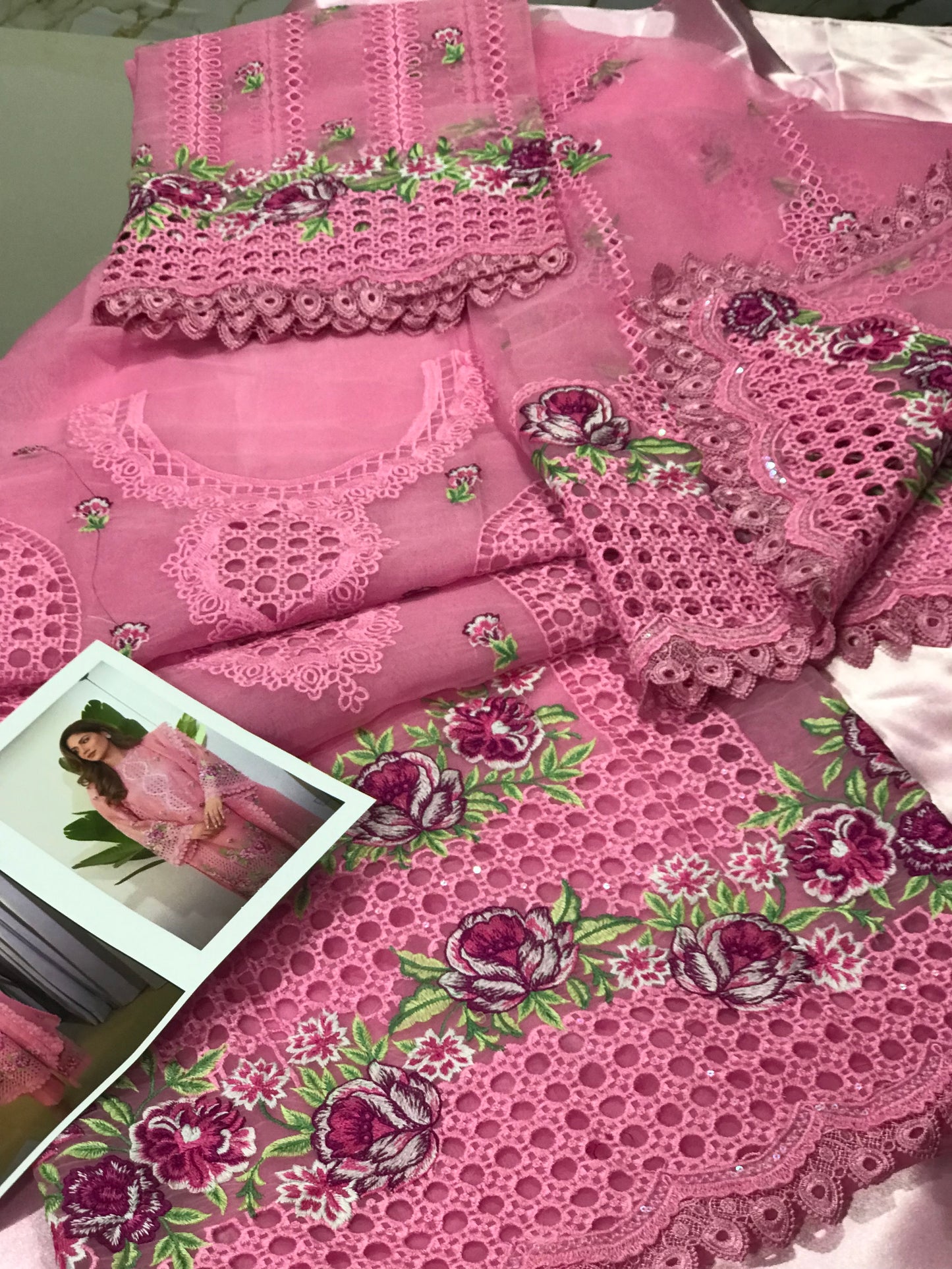 ANEELAS PREMIUM ORGANZA EMBROIDERED CHIKAN KARI DRESS