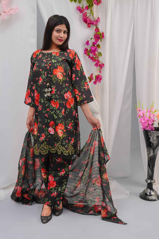 Swiss Premium Lawn 3-Piece Embroidered Suit (Shirt + Dupatta + Trouser) – Black Floral with Tassel Dori Detail – Sizes S/M/L