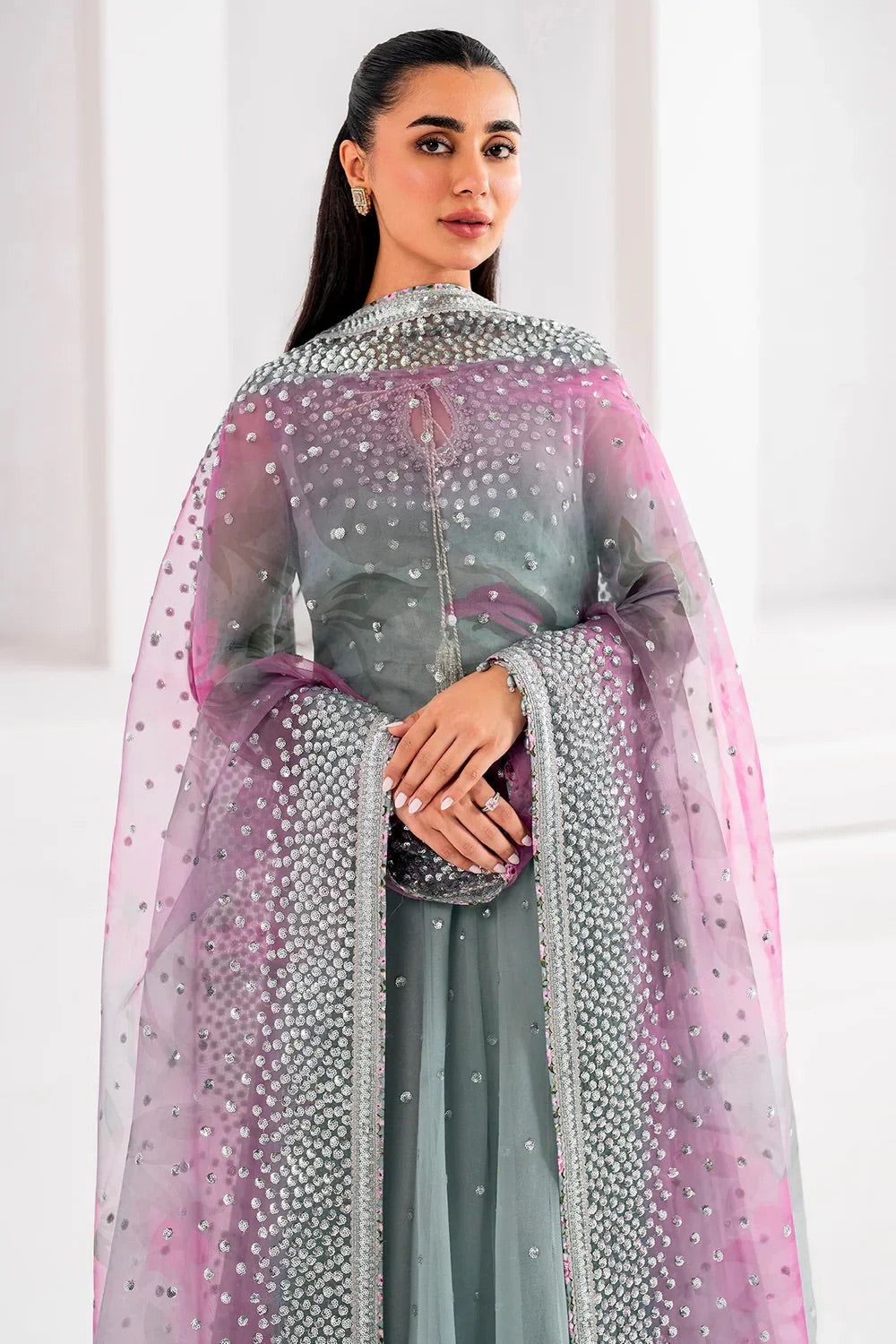 "Pink Aqua Chiffon Maxi with Net Dupatta & Silk Trouser – Embroidered Zari Work, Sequins, and Stones"