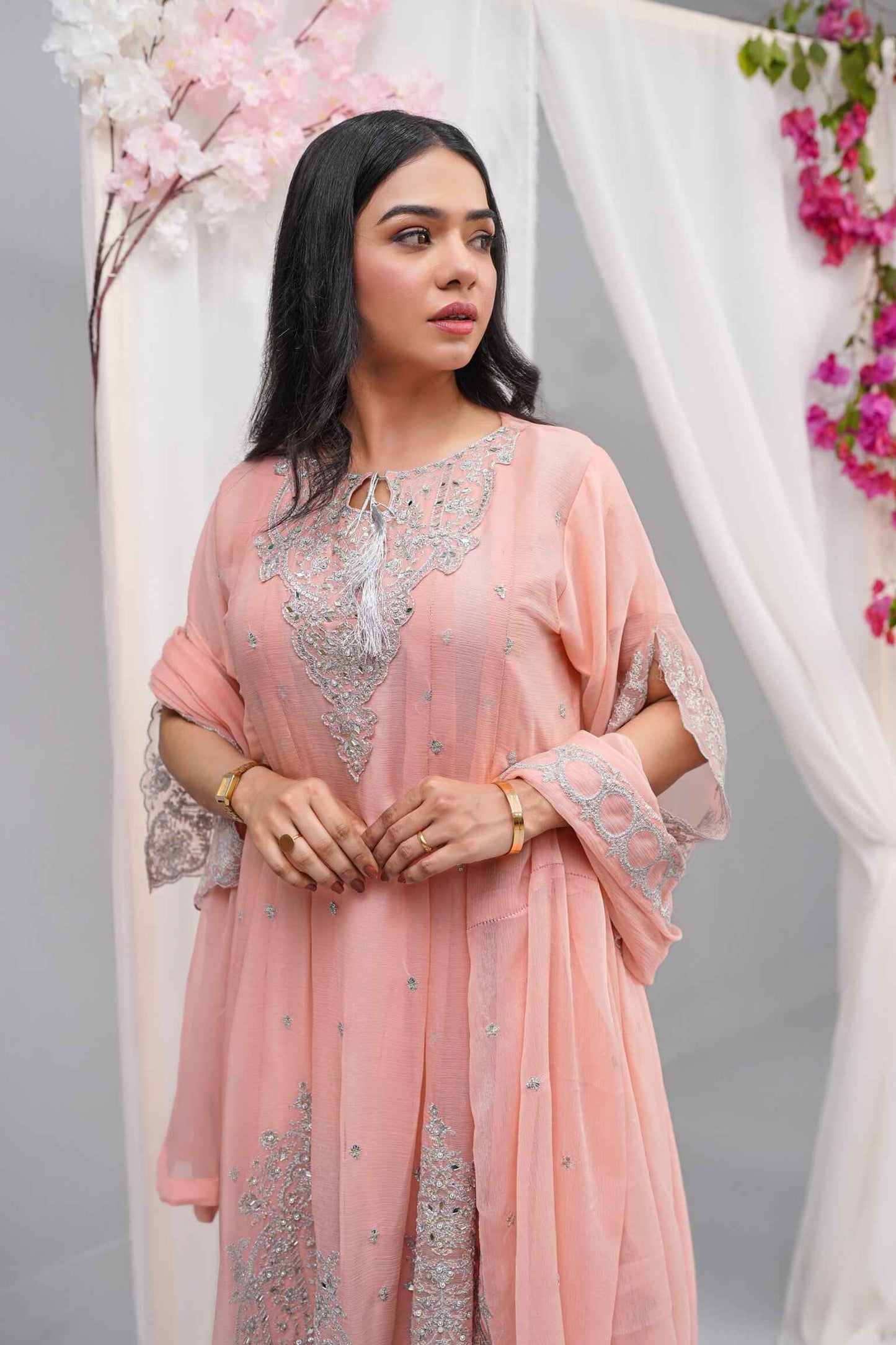 Premium Semi-Pure Chiffon Embroidered Dress – Handcrafted Handwork – Ready-to-Wear Wedding & Parties (Sizes S/M/L)