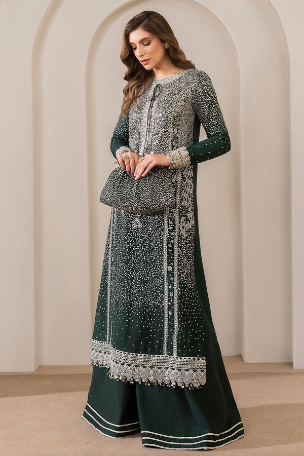 Jazmin-Inspired Dark Green Semi-Pure Chiffon Party Wear Ensemble with Zari Sequins Embroidered Shirt & Net Dupatta