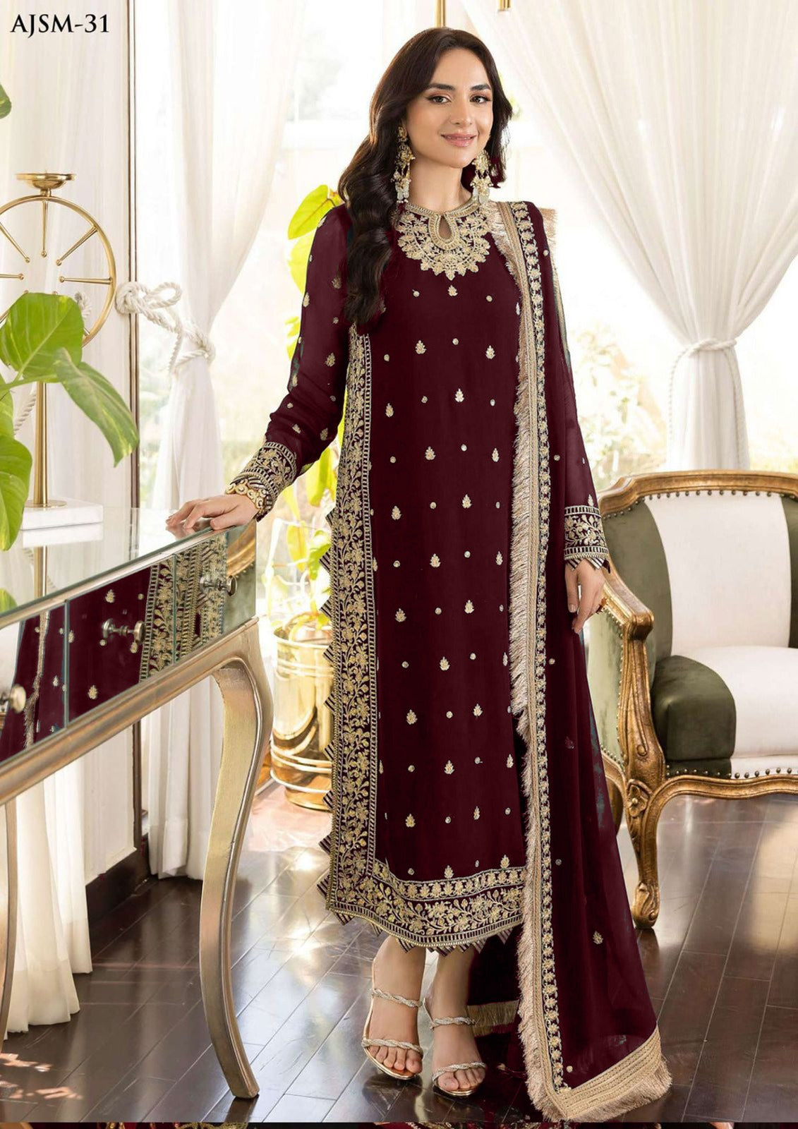 ASIM JOFA Embroidered Chiffon Shirt with Silk Trouser & Heavy Embroidered Dupatta