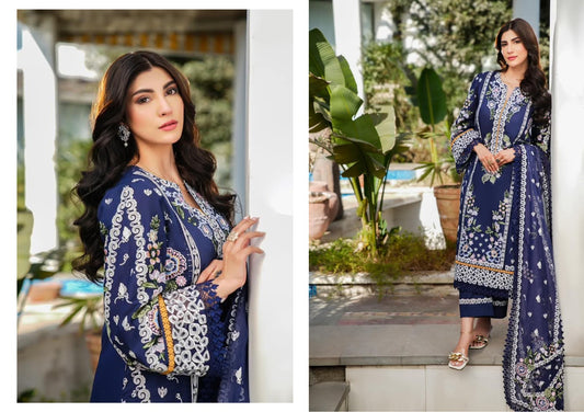Luxury 3-Pc Unstitched Dress Set – Navy Blue | Egyptian Cotton Lawn | Heavy Thread Embroidered Shirt & Dupatta