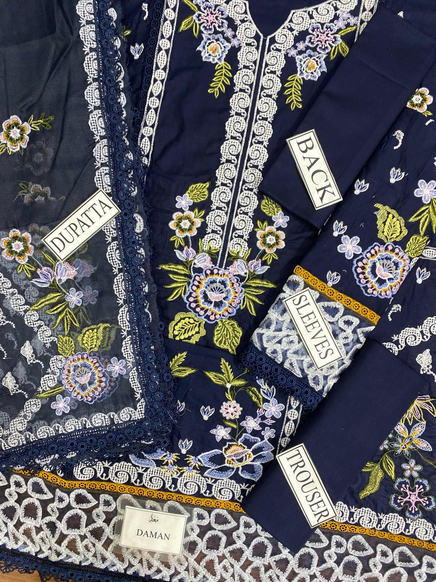 Luxury 3-Pc Unstitched Dress Set – Navy Blue | Egyptian Cotton Lawn | Heavy Thread Embroidered Shirt & Dupatta