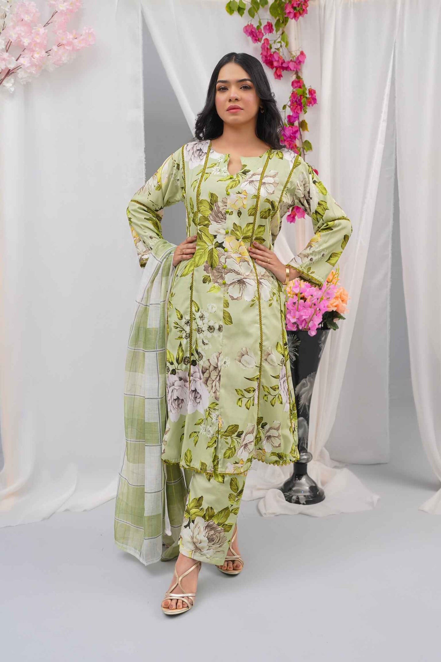 "3-Piece Stitched Swiss Lawn Dress (Shirt + Pants + Dupatta) – GPO Lace Panels | Summer Casual Wear | Sizes S/M/L"