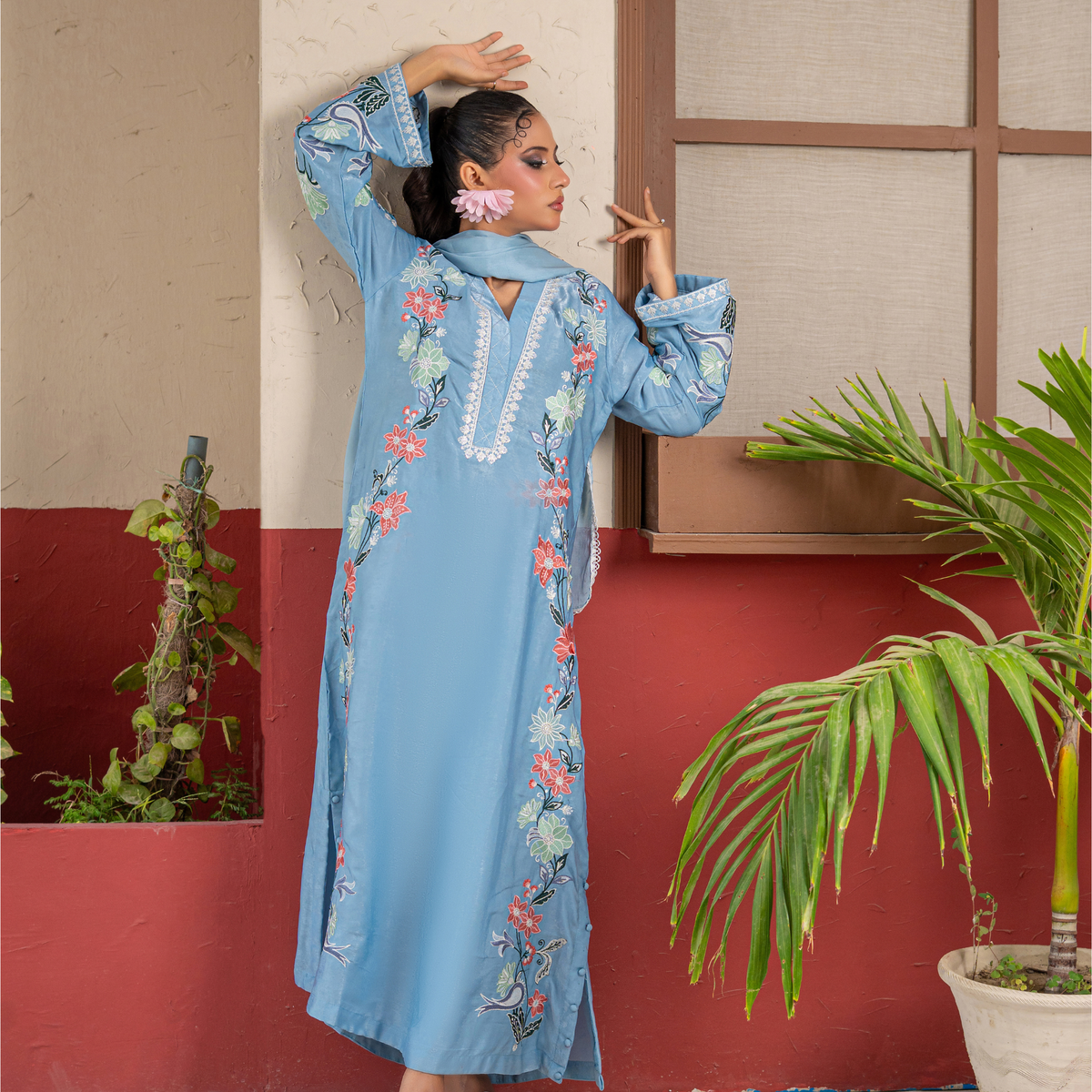 Luxury Velvet Silk Kaftan with Embroidered Silk Thread & Sequins | Matching Velvet Silk Trouser & Medium Silk Dupatta