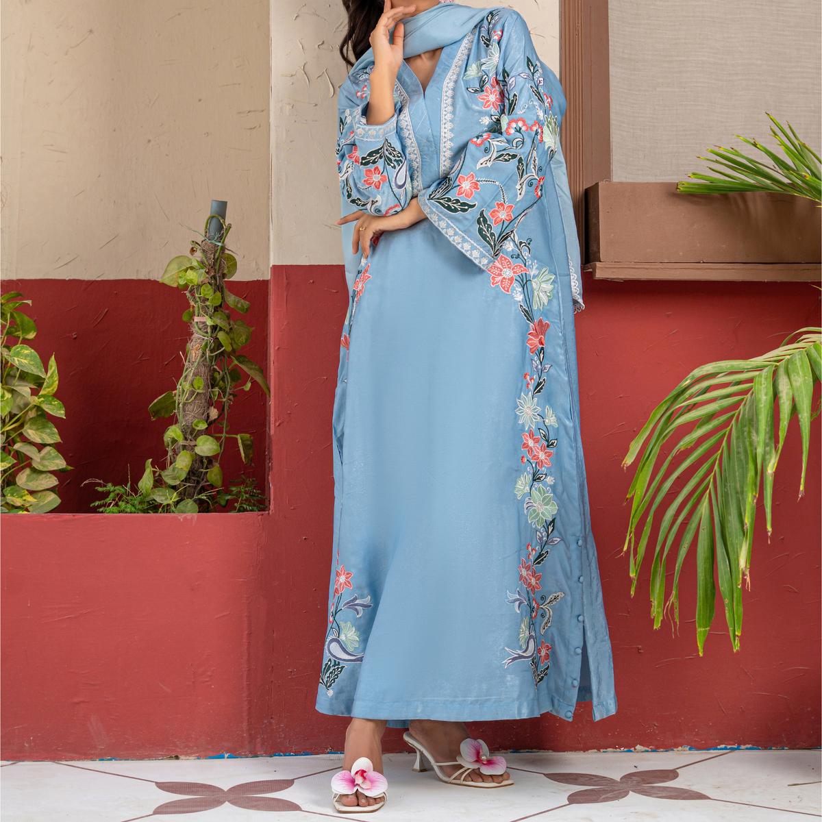 Luxury Velvet Silk Kaftan with Embroidered Silk Thread & Sequins | Matching Velvet Silk Trouser & Medium Silk Dupatta