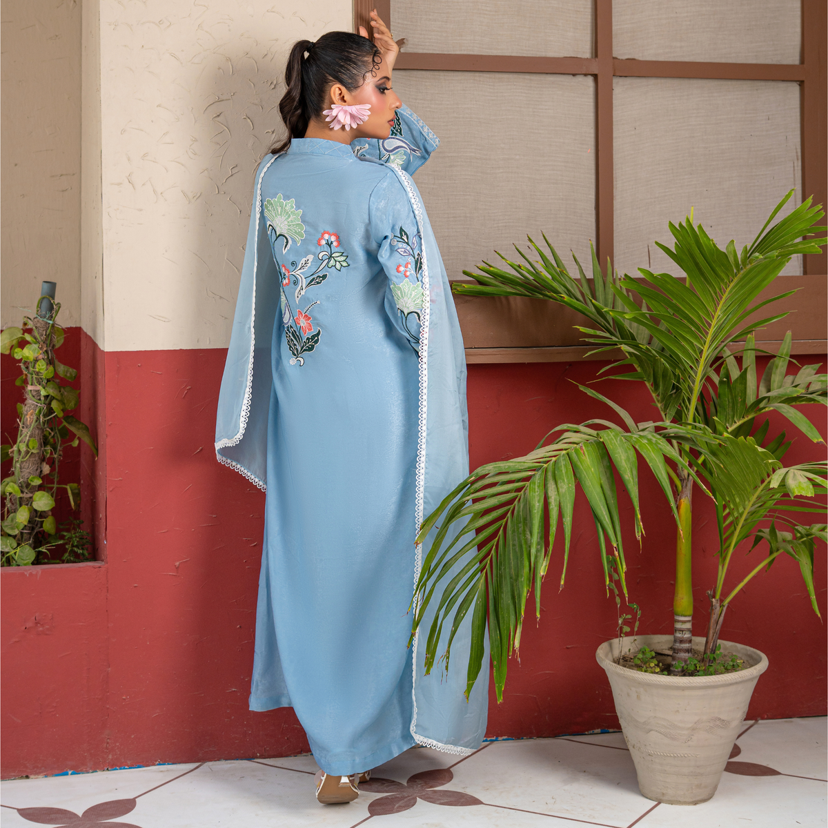 Luxury Velvet Silk Kaftan with Embroidered Silk Thread & Sequins | Matching Velvet Silk Trouser & Medium Silk Dupatta