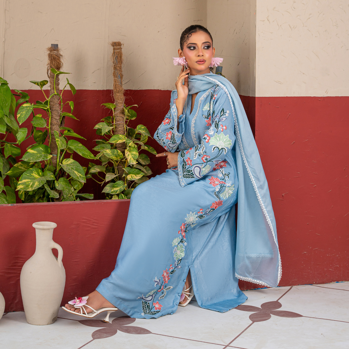 Luxury Velvet Silk Kaftan with Embroidered Silk Thread & Sequins | Matching Velvet Silk Trouser & Medium Silk Dupatta