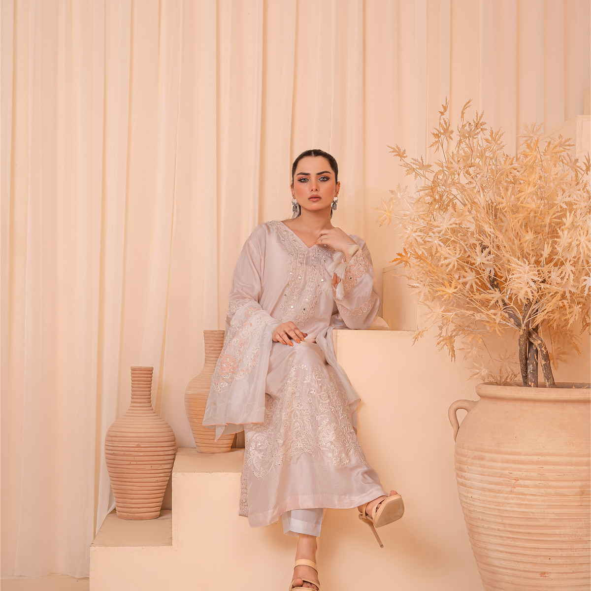 3-Piece Embroidered Indian Tussle Silk Kaftan Dress with Silk Dupatta & Crepe Silk Trouser