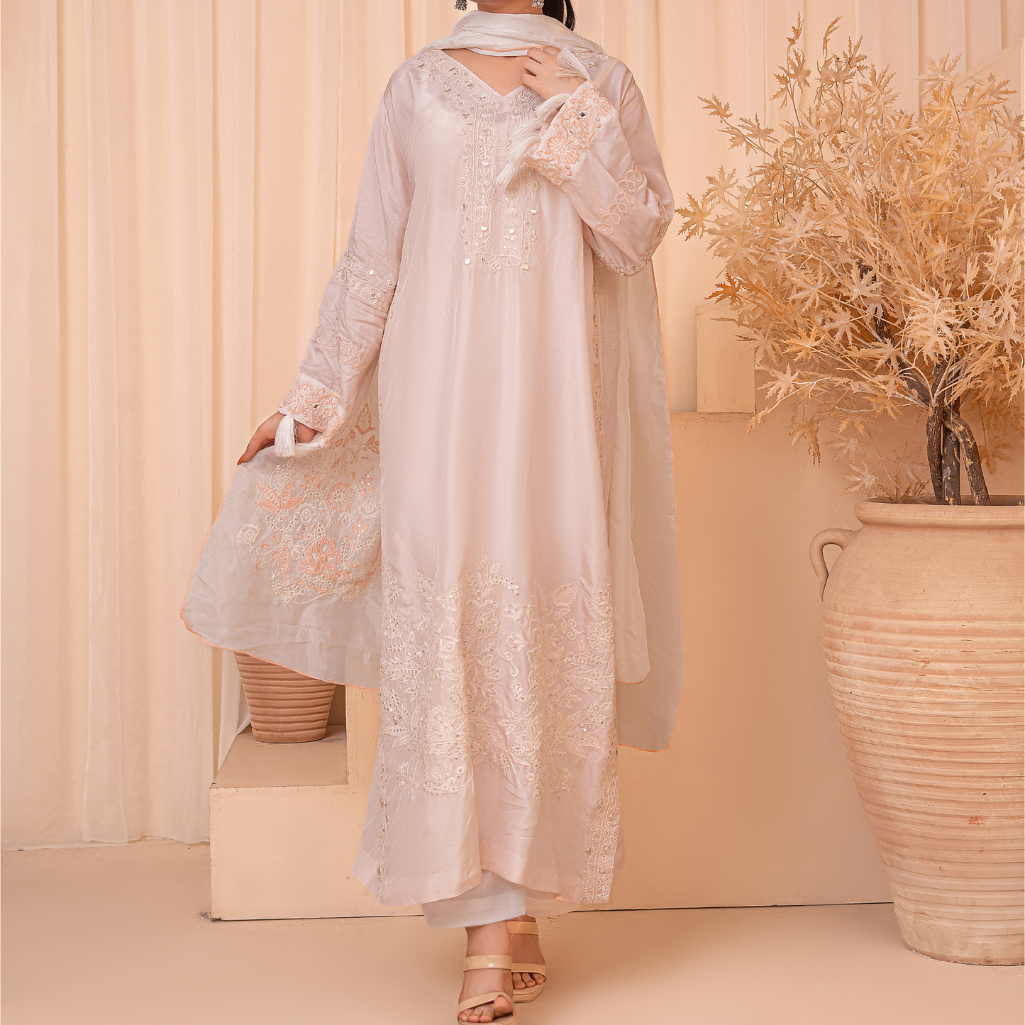 3-Piece Embroidered Indian Tussle Silk Kaftan Dress with Silk Dupatta & Crepe Silk Trouser