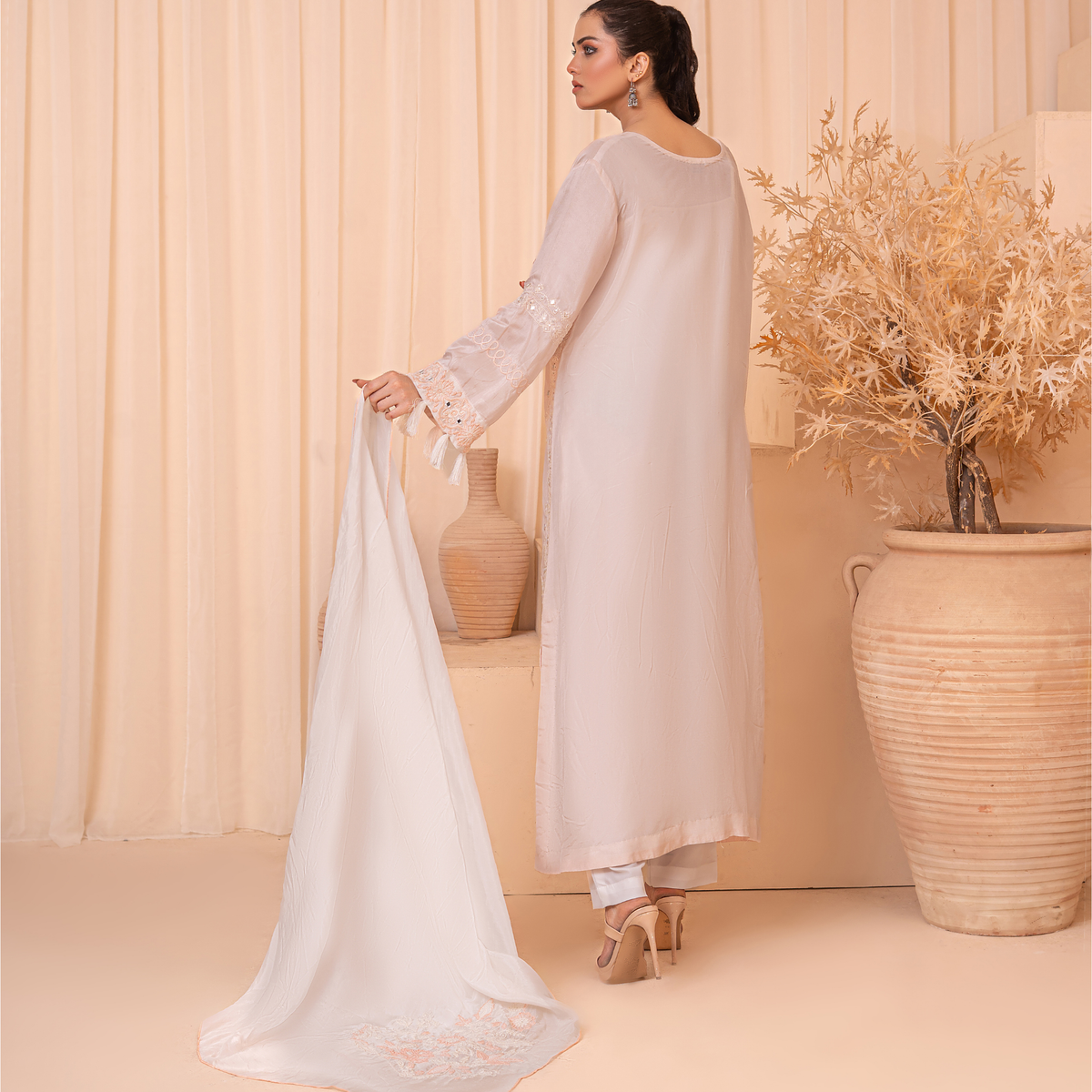 3-Piece Embroidered Indian Tussle Silk Kaftan Dress with Silk Dupatta & Crepe Silk Trouser