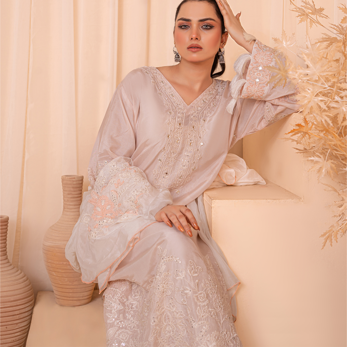 3-Piece Embroidered Indian Tussle Silk Kaftan Dress with Silk Dupatta & Crepe Silk Trouser