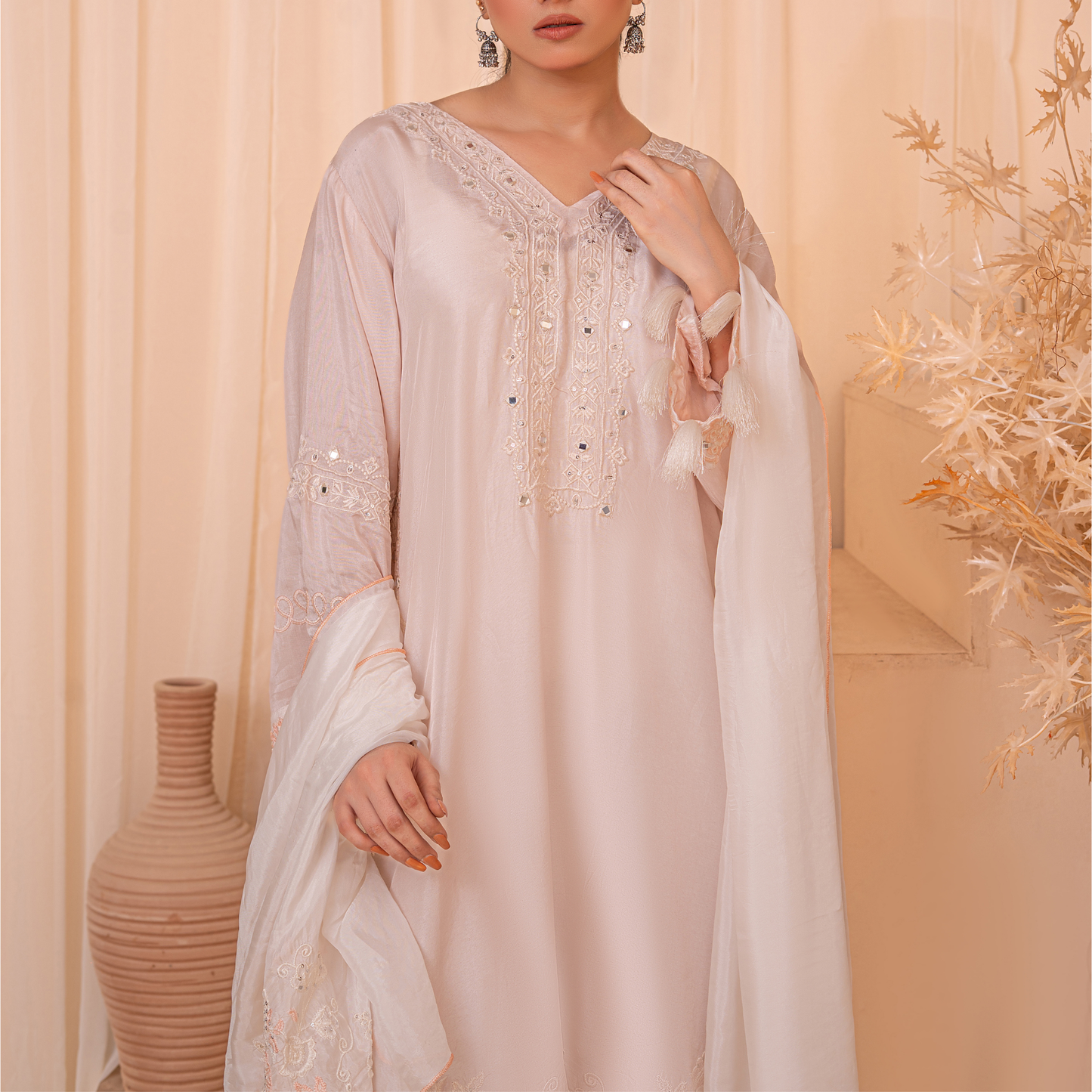 3-Piece Embroidered Indian Tussle Silk Kaftan Dress with Silk Dupatta & Crepe Silk Trouser