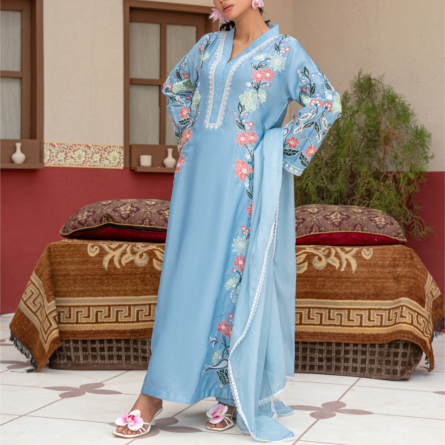 Luxury Velvet Silk Kaftan with Embroidered Silk Thread & Sequins | Matching Velvet Silk Trouser & Medium Silk Dupatta