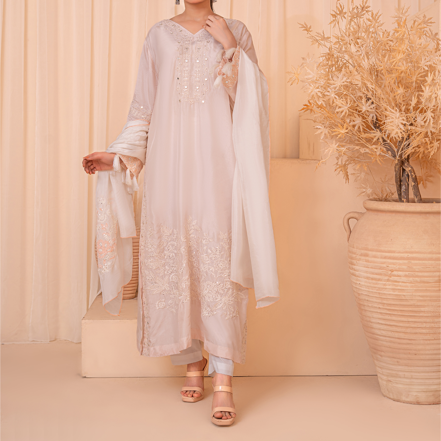 3-Piece Embroidered Indian Tussle Silk Kaftan Dress with Silk Dupatta & Crepe Silk Trouser