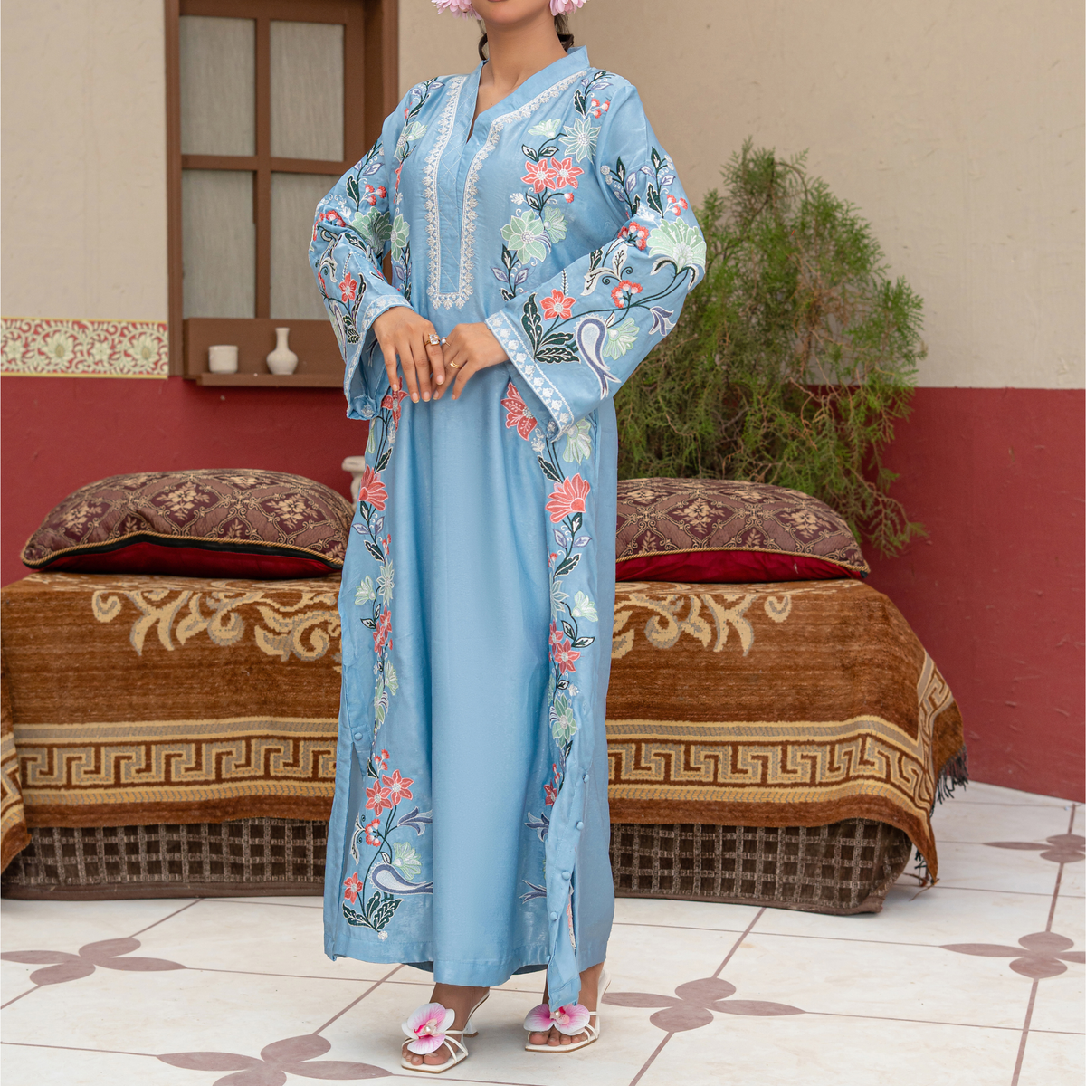 Luxury Velvet Silk Kaftan with Embroidered Silk Thread & Sequins | Matching Velvet Silk Trouser & Medium Silk Dupatta