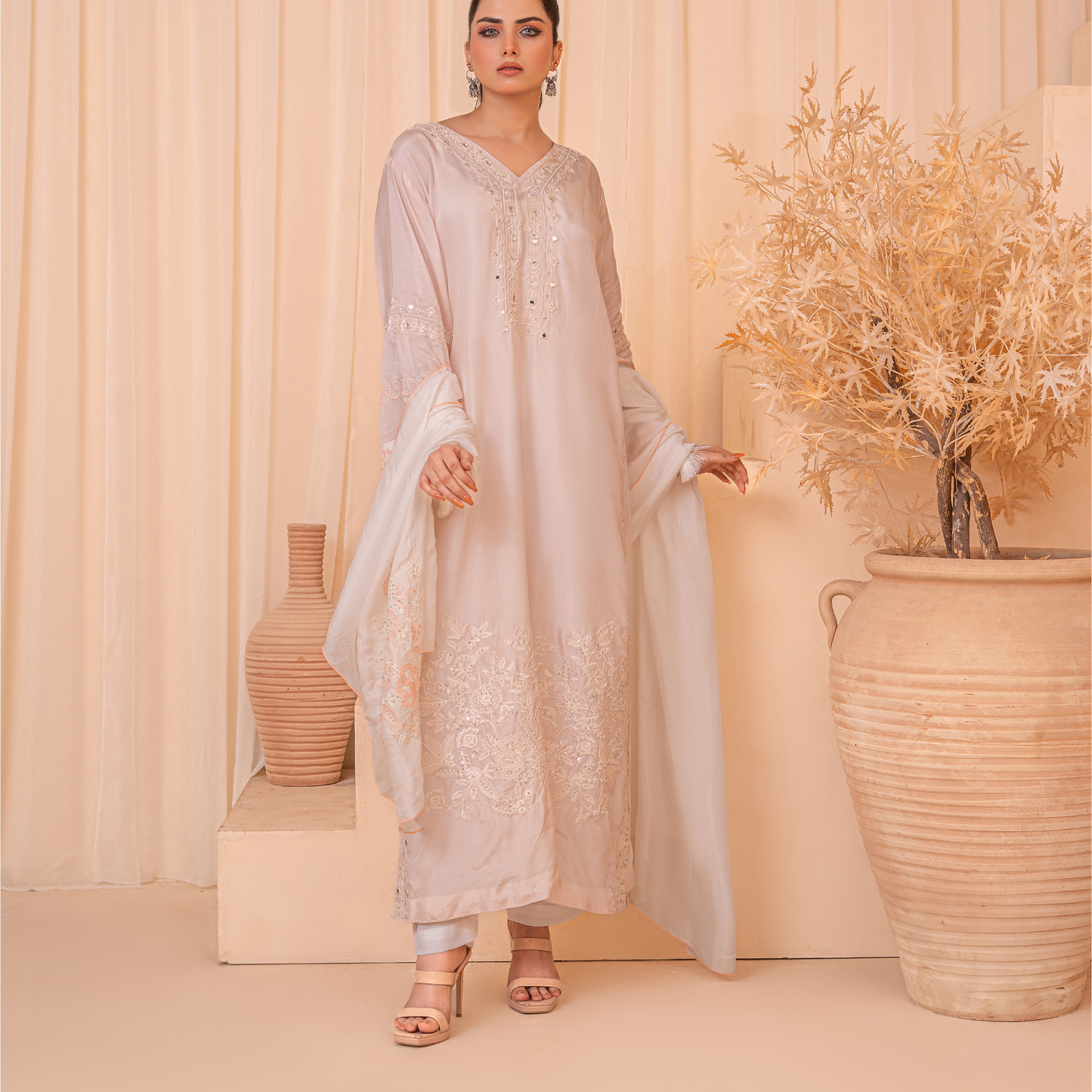 3-Piece Embroidered Indian Tussle Silk Kaftan Dress with Silk Dupatta & Crepe Silk Trouser