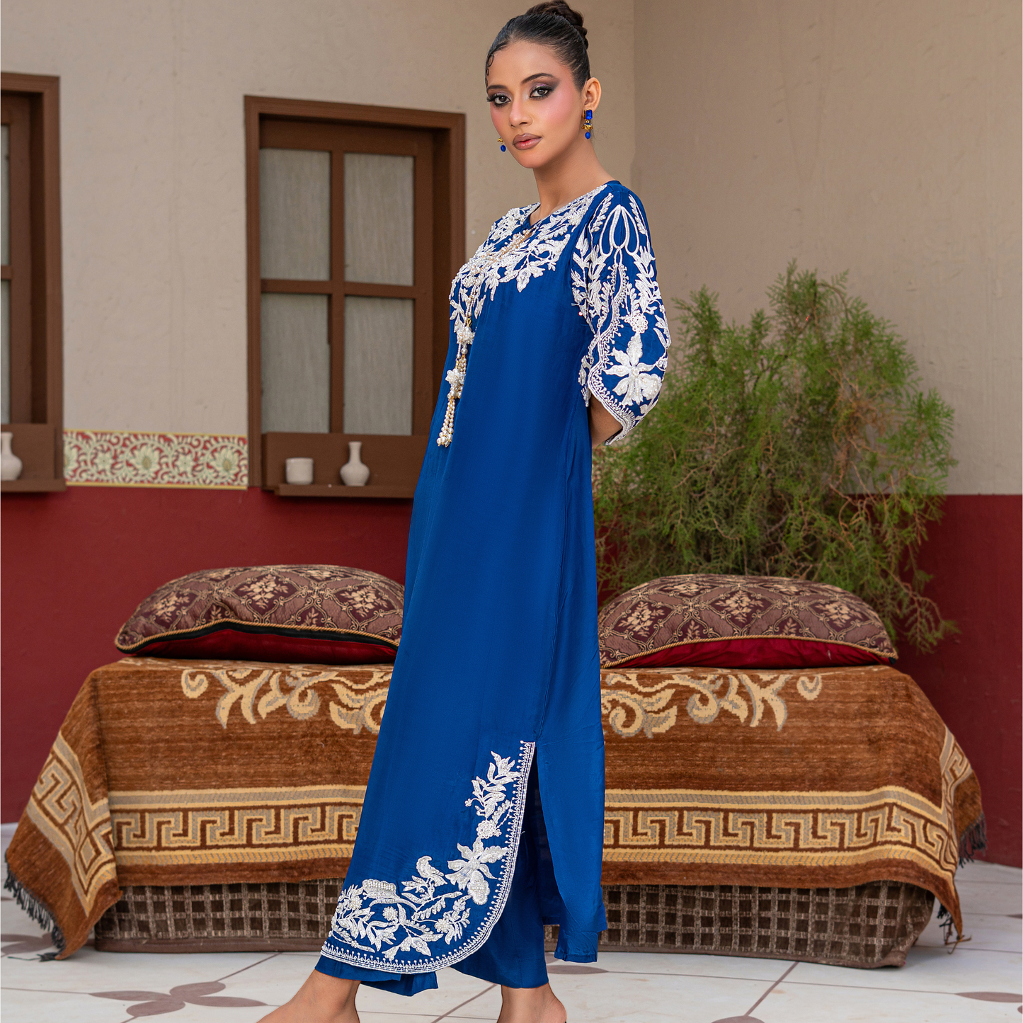 3 Piece Russian Silk Kaftan Set with Embroidered Silk Dupatta & Hand Embellished Details