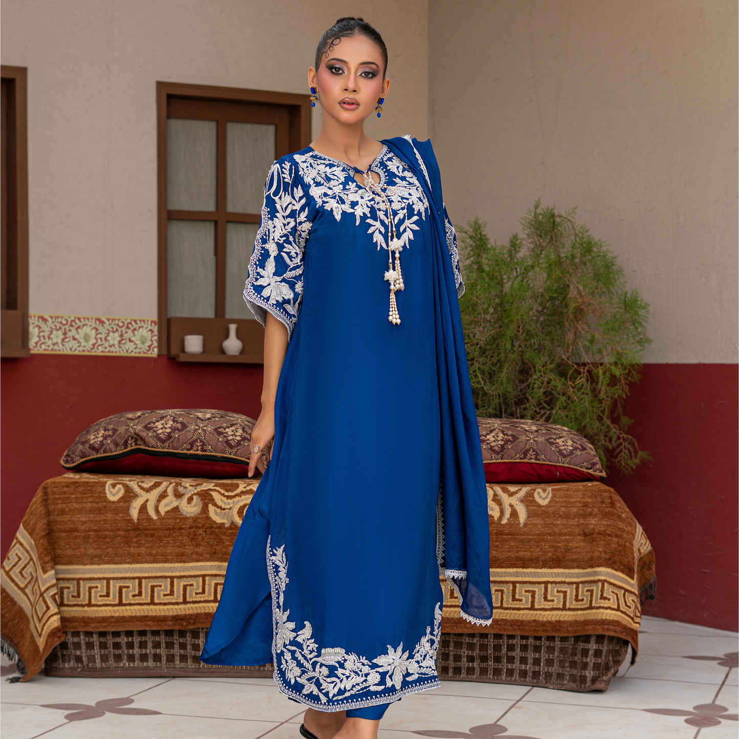 3 Piece Russian Silk Kaftan Set with Embroidered Silk Dupatta & Hand Embellished Details