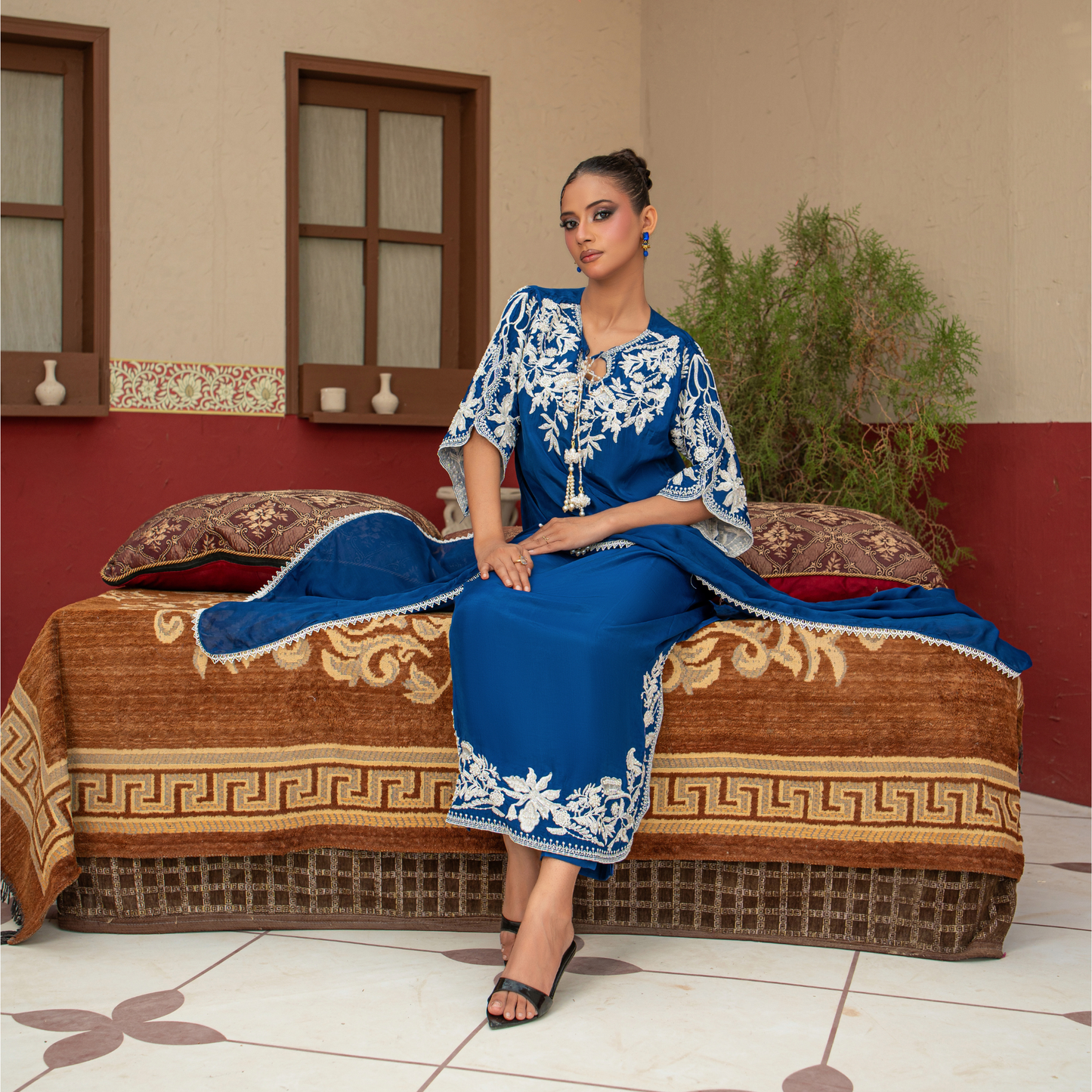 3 Piece Russian Silk Kaftan Set with Embroidered Silk Dupatta & Hand Embellished Details