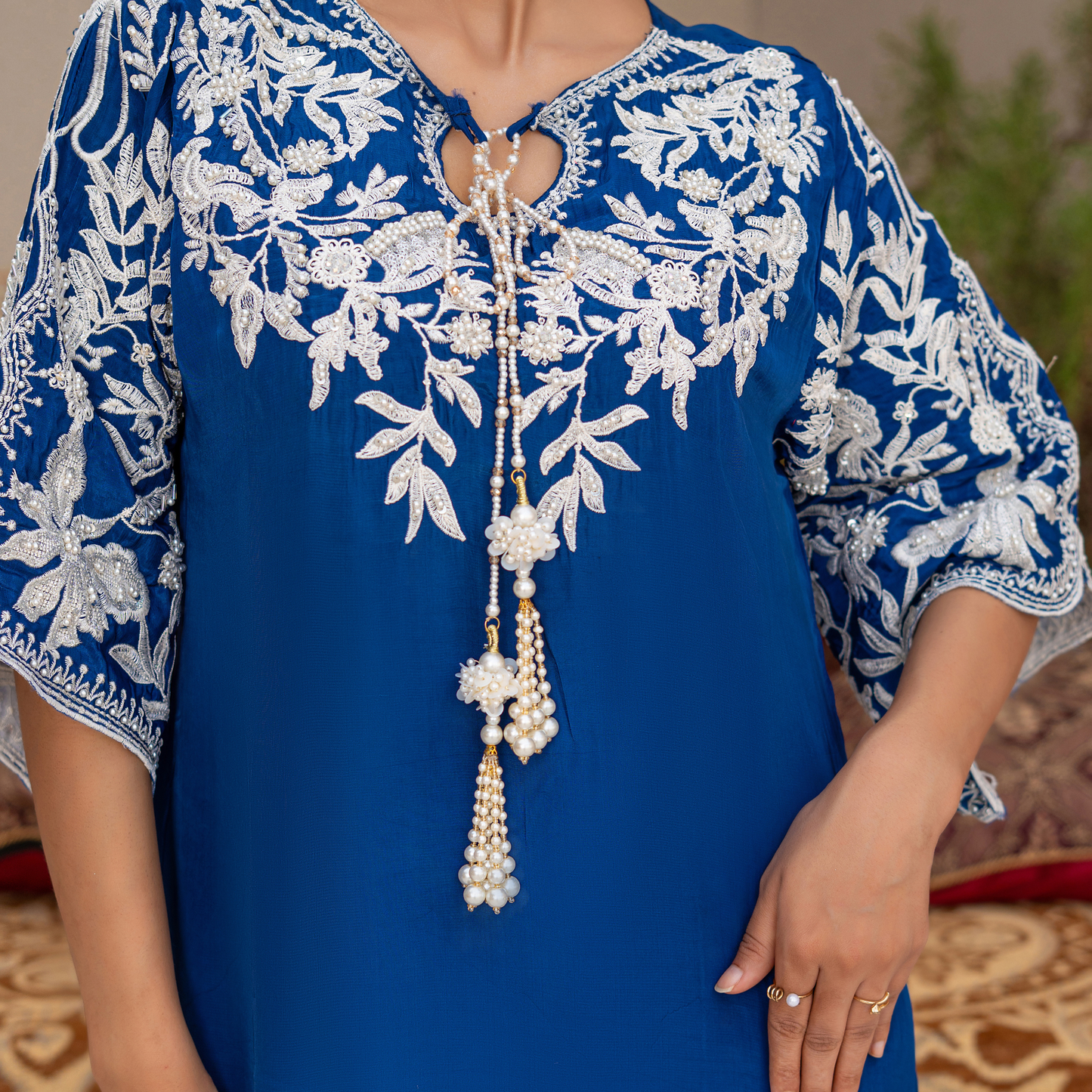 3 Piece Russian Silk Kaftan Set with Embroidered Silk Dupatta & Hand Embellished Details