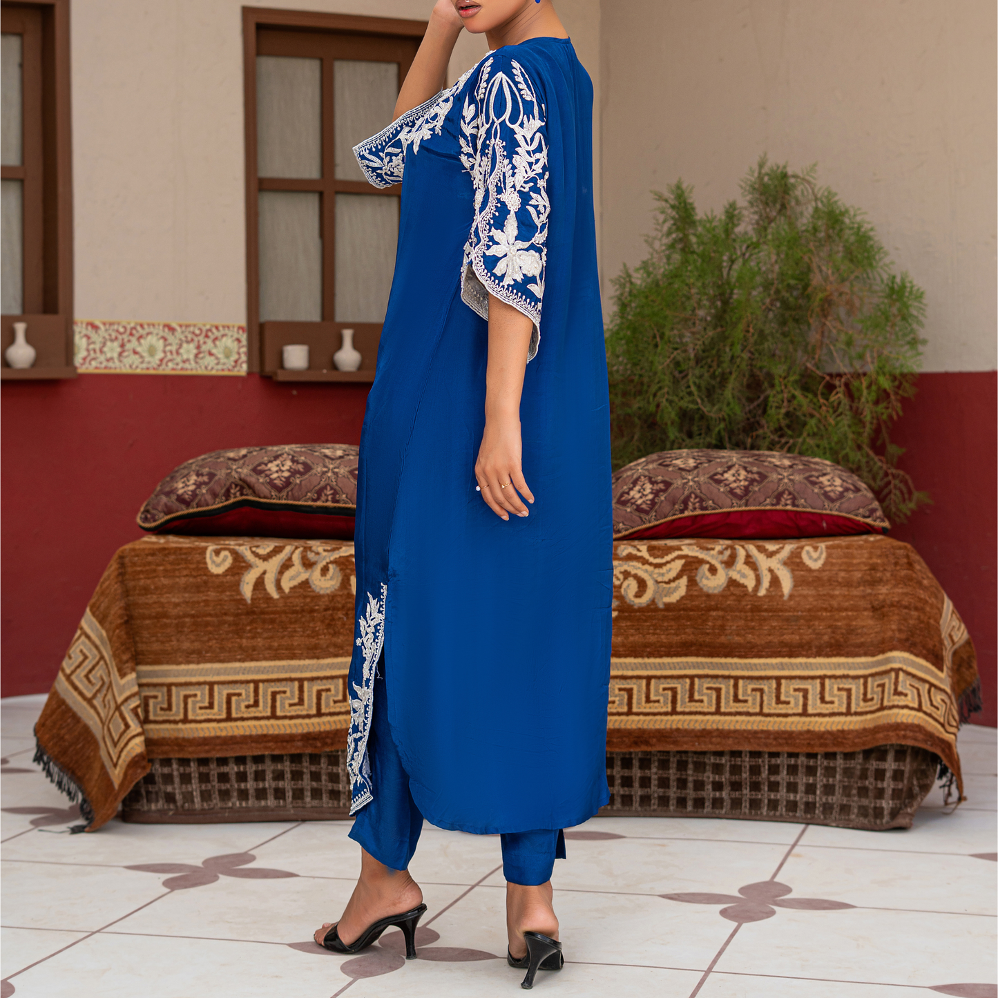 3 Piece Russian Silk Kaftan Set with Embroidered Silk Dupatta & Hand Embellished Details