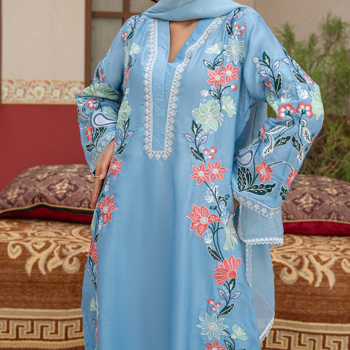 Luxury Velvet Silk Kaftan with Embroidered Silk Thread & Sequins | Matching Velvet Silk Trouser & Medium Silk Dupatta
