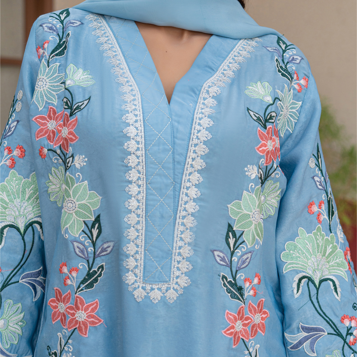Luxury Velvet Silk Kaftan with Embroidered Silk Thread & Sequins | Matching Velvet Silk Trouser & Medium Silk Dupatta