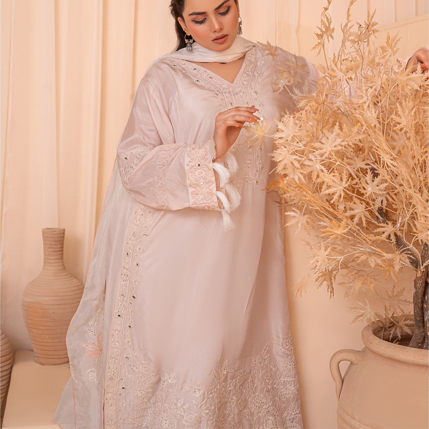 3-Piece Embroidered Indian Tussle Silk Kaftan Dress with Silk Dupatta & Crepe Silk Trouser