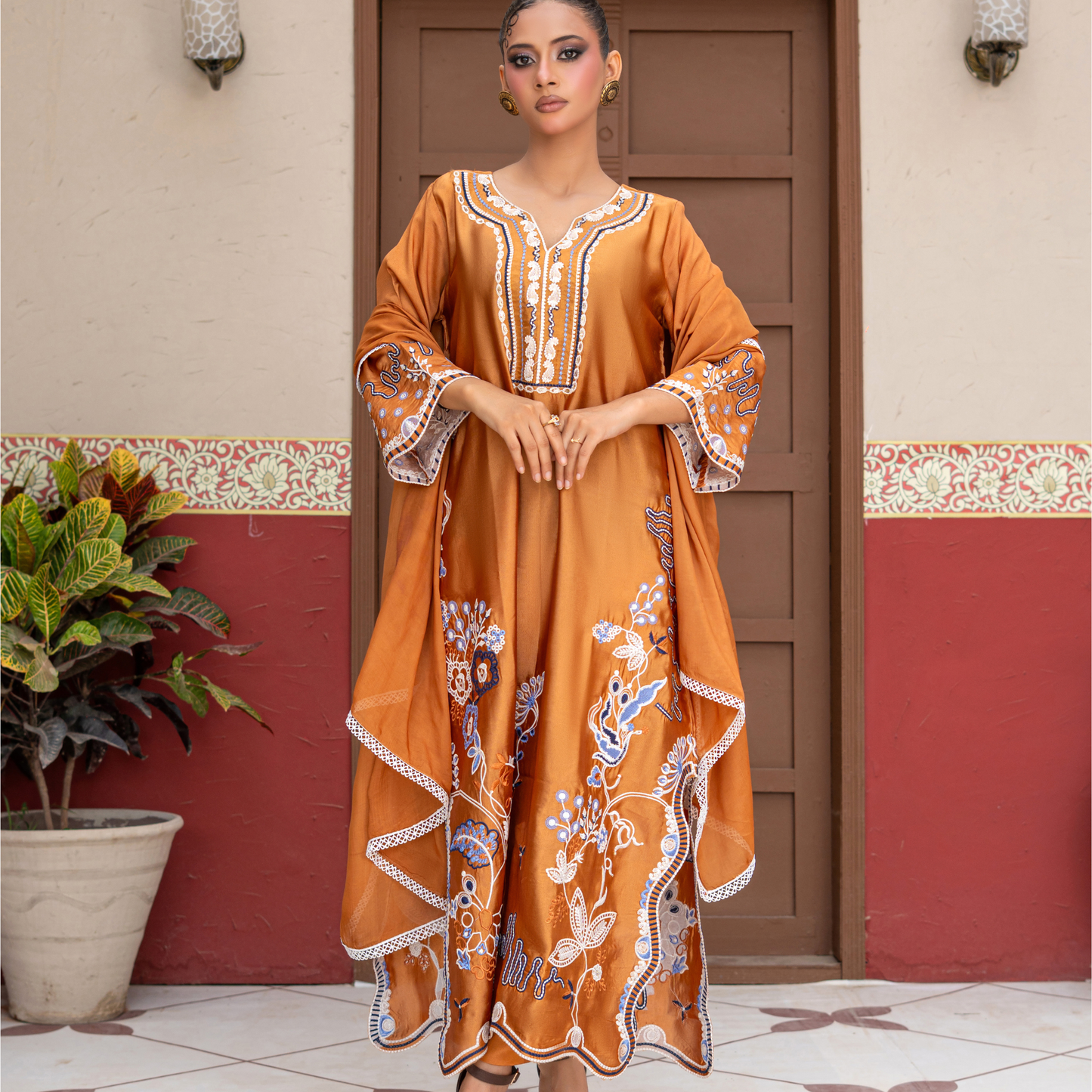 Premium Sheesha Silk Kaftan | Embroidered 3 Piece Pakistani Dress