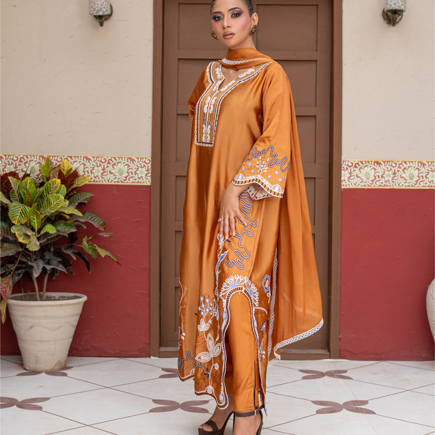 Premium Sheesha Silk Kaftan | Embroidered 3 Piece Pakistani Dress