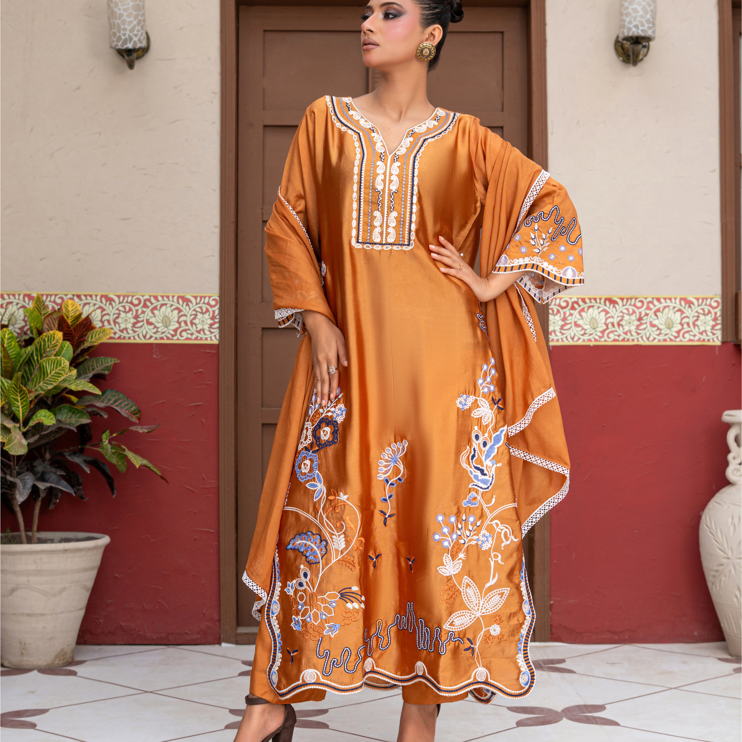 Premium Sheesha Silk Kaftan | Embroidered 3 Piece Pakistani Dress
