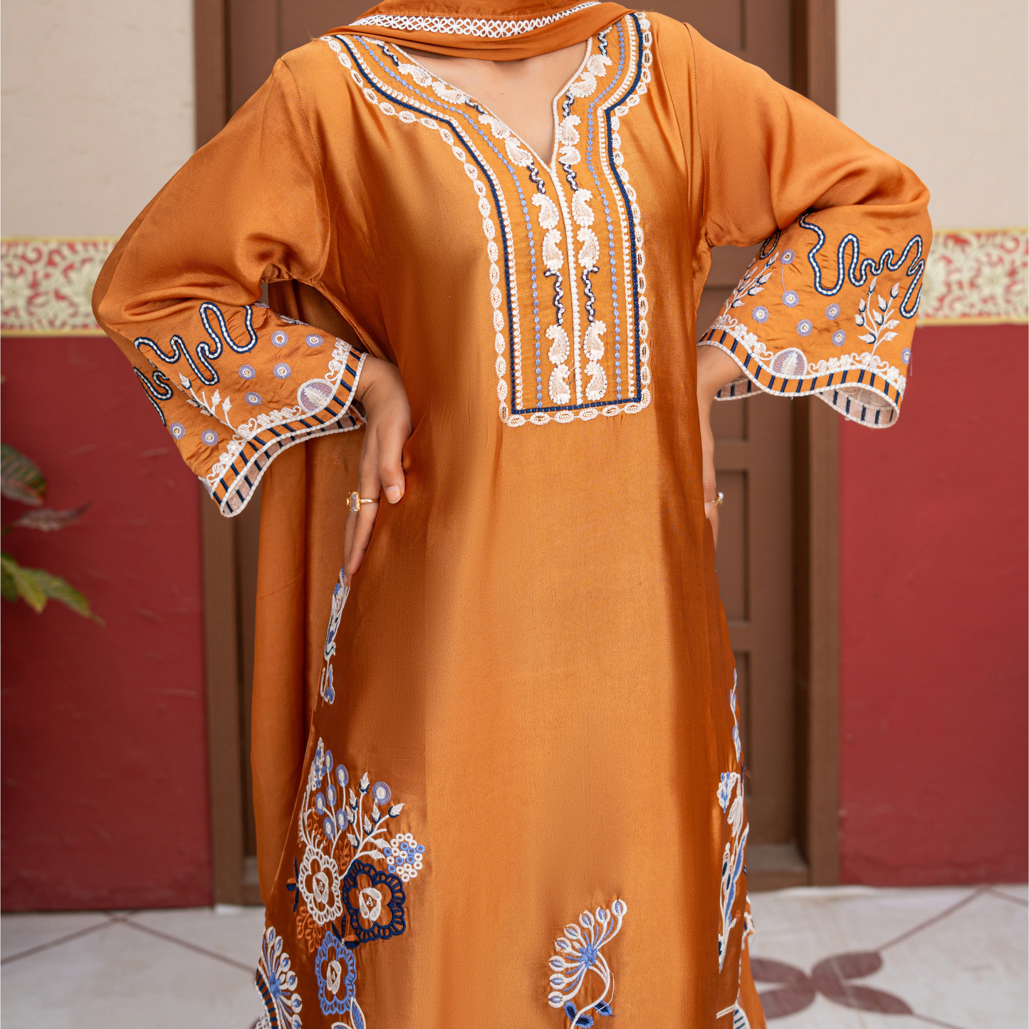 Premium Sheesha Silk Kaftan | Embroidered 3 Piece Pakistani Dress