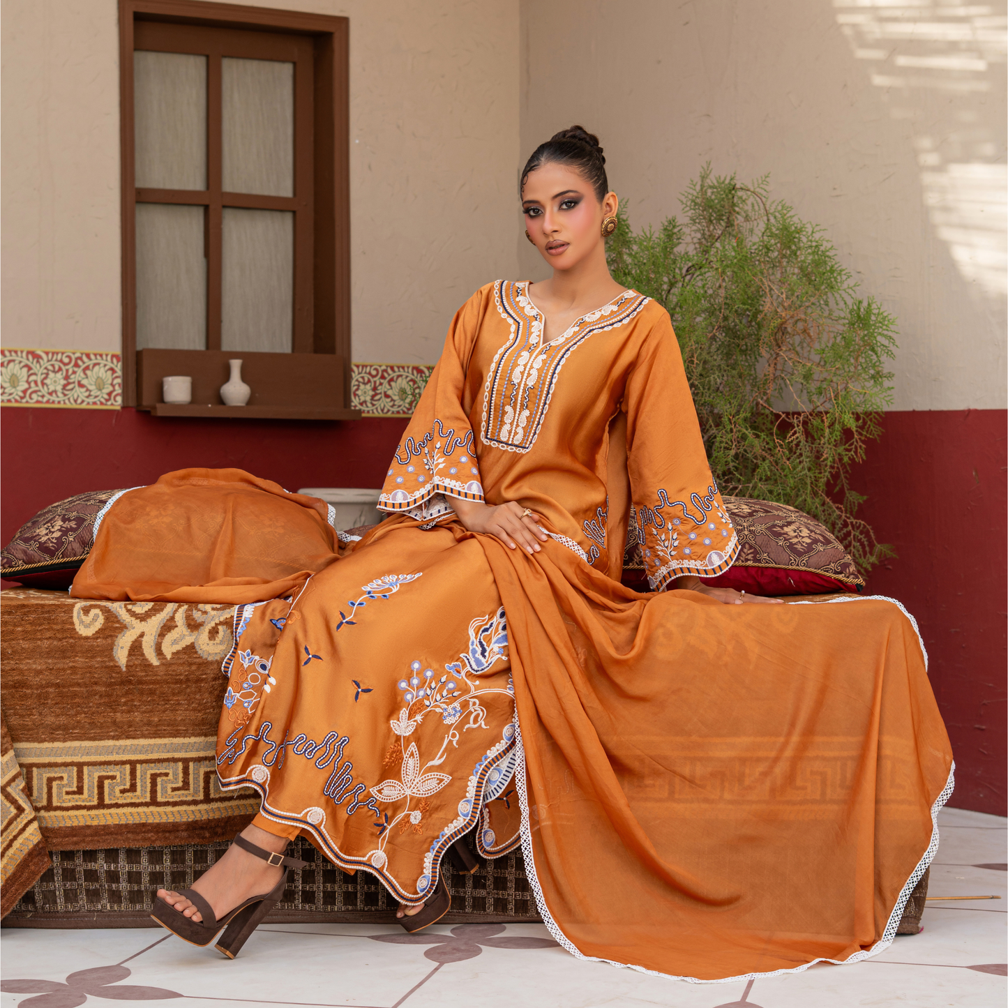 Premium Sheesha Silk Kaftan | Embroidered 3 Piece Pakistani Dress
