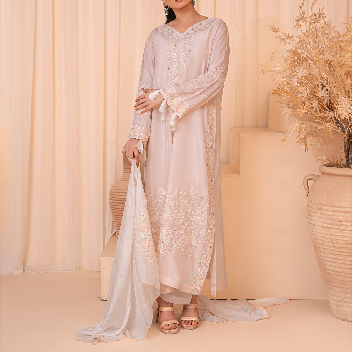 3-Piece Embroidered Indian Tussle Silk Kaftan Dress with Silk Dupatta & Crepe Silk Trouser