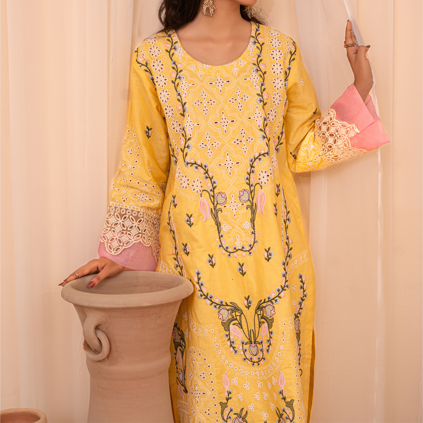 3-Piece Korean Silk Kaftan Set for Women – Embroidered Stitched Kaftan with Trouser & Dupatta