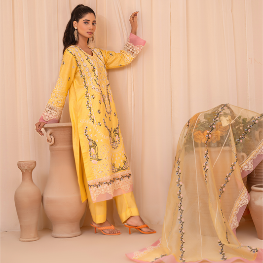 3-Piece Korean Silk Kaftan Set for Women – Embroidered Stitched Kaftan with Trouser & Dupatta
