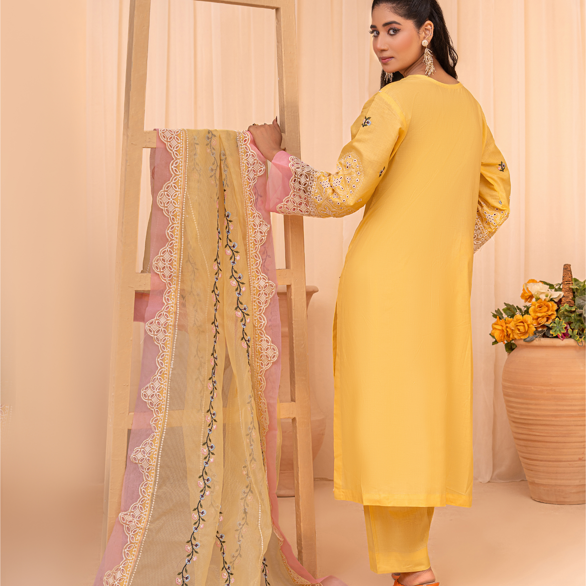 3-Piece Korean Silk Kaftan Set for Women – Embroidered Stitched Kaftan with Trouser & Dupatta