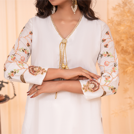 Pure Raw Silk 3-Piece Embroidered Suit | Handwork Sleeves, Farshi Shalwar & Chiffon Dupatta