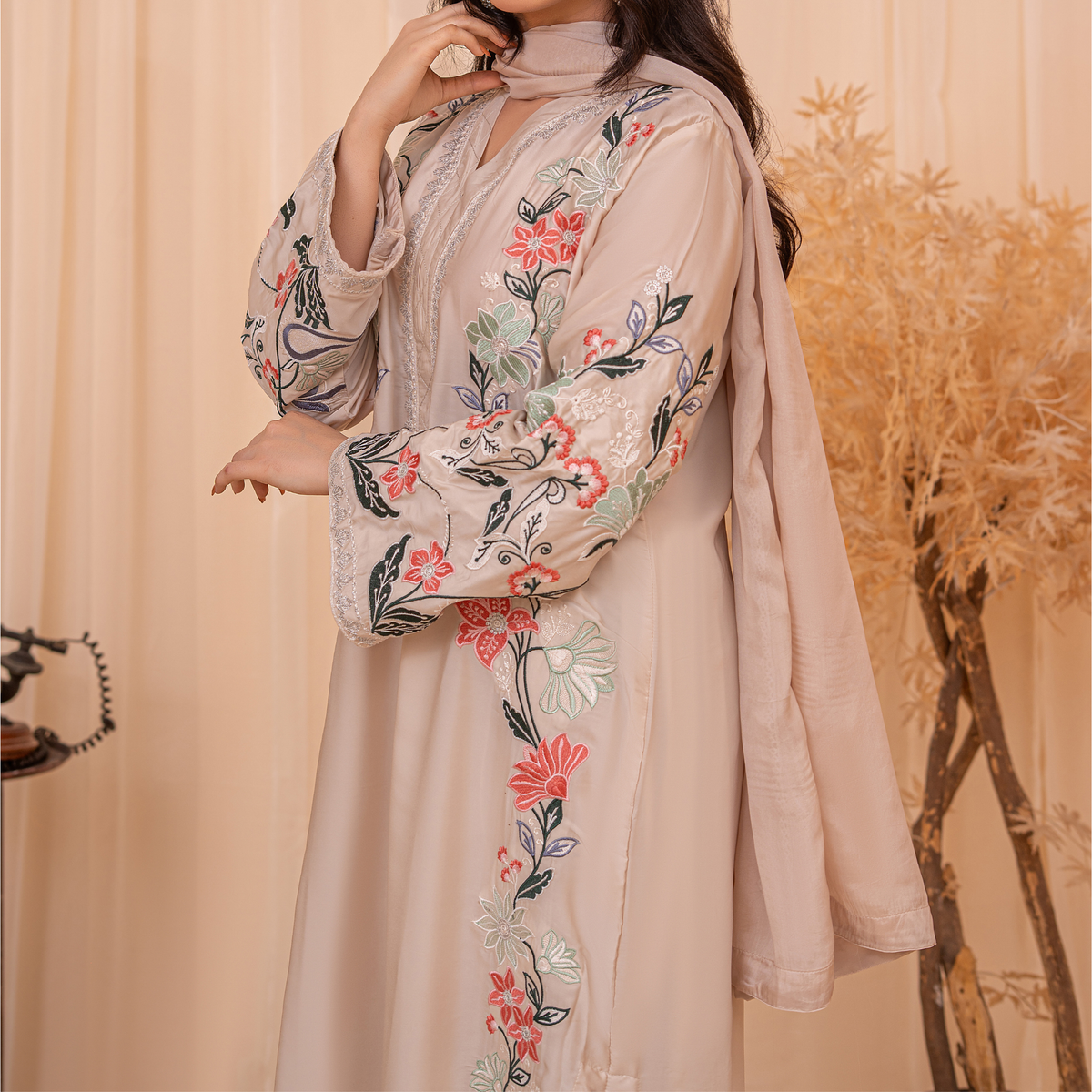 3-Piece Embroidered Velvet Silk Kaftan Set for Women | Luxury Party Wear Outfit