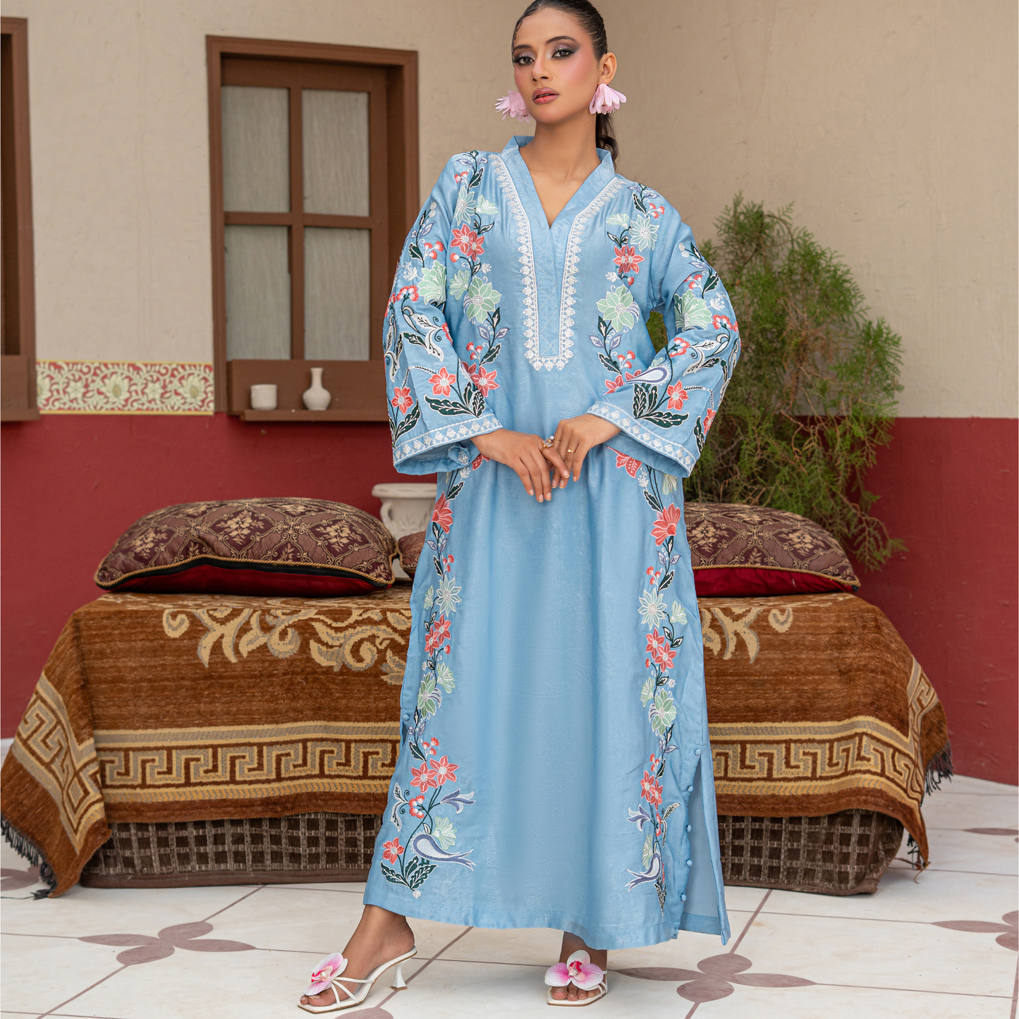 Luxury Velvet Silk Kaftan with Embroidered Silk Thread & Sequins | Matching Velvet Silk Trouser & Medium Silk Dupatta